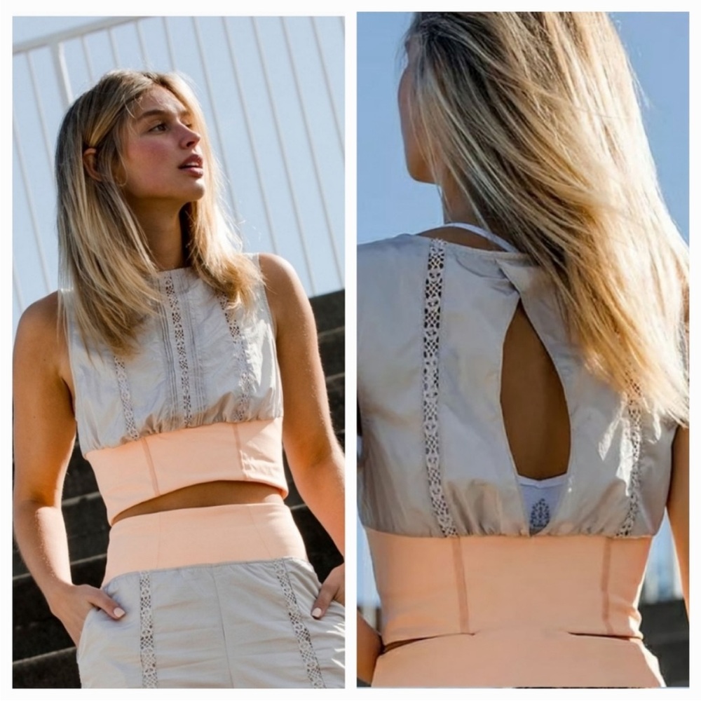 FP Movement by Free People Two-Tone Lace Trim Cropped Tank in Cream and Peach